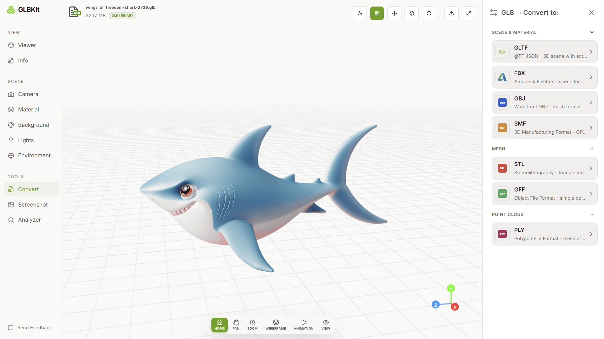 GLBKit Convert panel open beside a loaded model, headed GLB → Convert to:, with target format buttons grouped under Scene & Material, Mesh and Point Cloud.