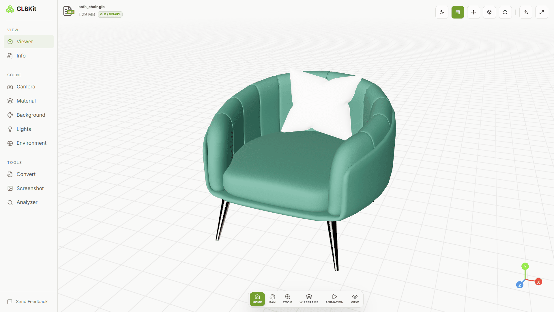 GLBKit workspace with a model loaded in the viewport and the Viewer tab selected, showing the sidebar grouped into View, Scene and Tools sections listing Viewer, Info, Camera, Material, Background, Lights, Environment, Convert, Screenshot and Analyzer.