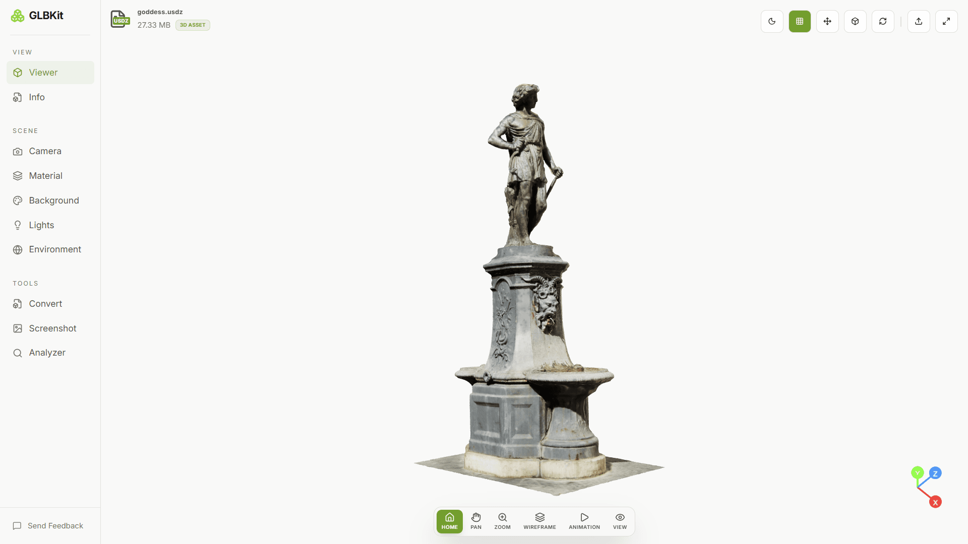 GLBKit USD Viewer displaying a loaded USD model with the viewer controls visible.