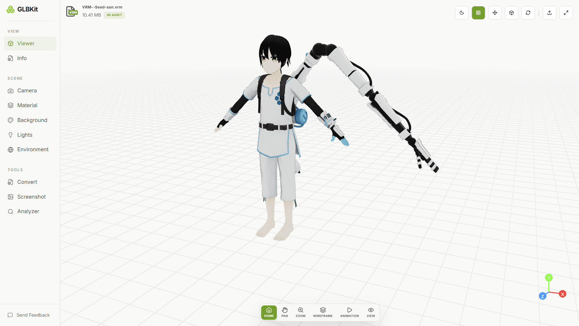 GLBKit VRM Viewer displaying a loaded VRM avatar with the viewer controls visible.